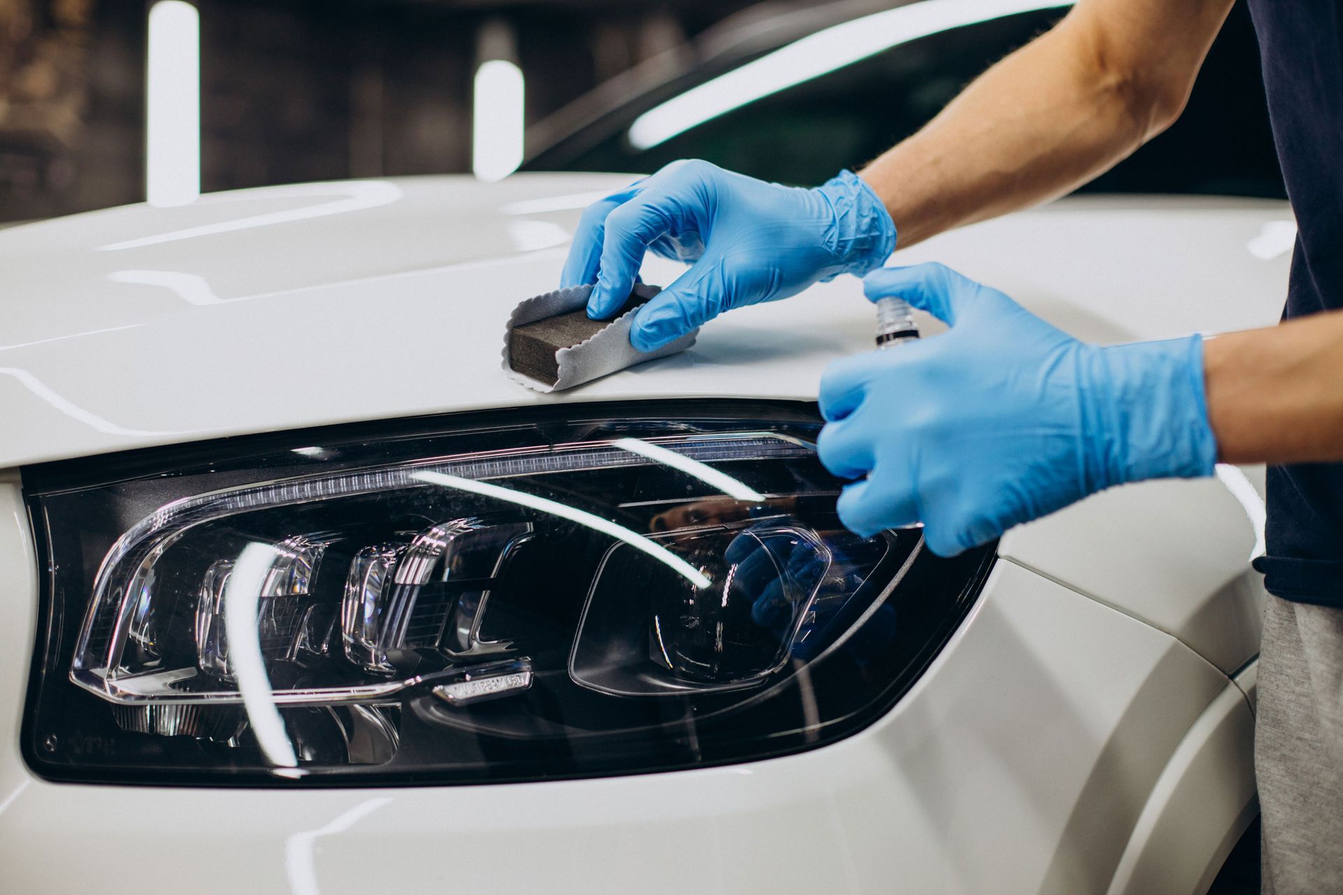 Coating prep on white SUV hood and headlight